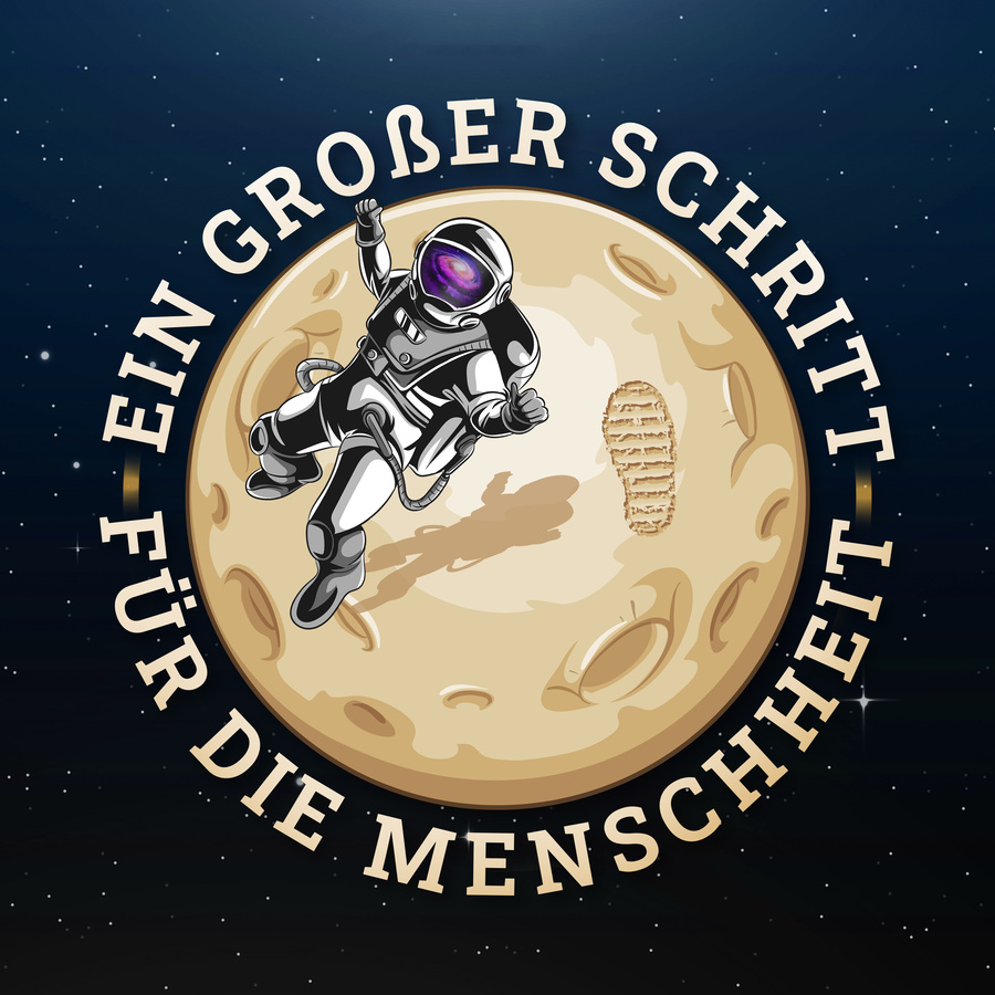 Cover des Podcasts „Ein großer Schritt für die Menschheit“ — ein Astronaut auf dem Mond